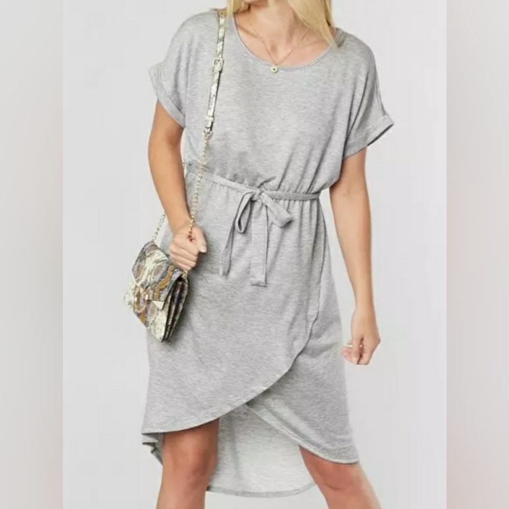BKE, Gray faux wrap high low midi dress, size L, gray,  RED by BKE